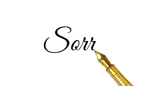 Sorry typography on a whiteboard 4k animation with golden pen. Apology typography concept.