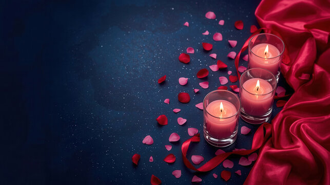 Candele accese petali e  tessuto rosso su  sfondo blu. Generative AI