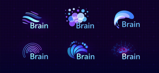 Brain Logo Icon Smart Digital Transformation Symbol AI Artificial Intelligence Computer Neural Science Research Technology. Abstract Creative Future Brains Set Logos Purple Color. Vector Illustration