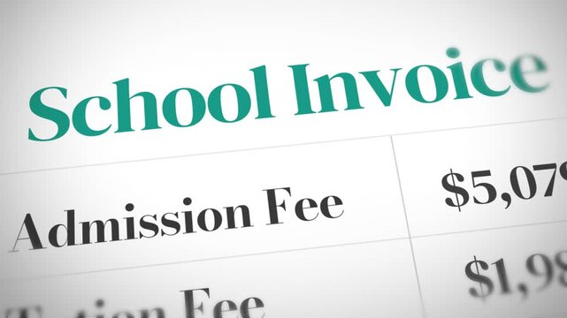 School invoice showing admission fee and tution fee listed close up 4k animation education concept design.