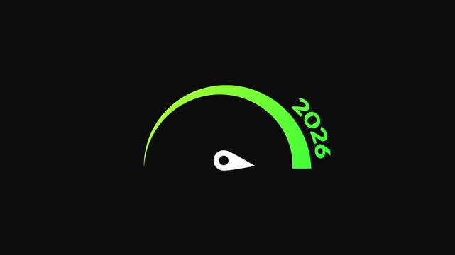 Speedometer showing maximum growth cocnept with year 2026 typography on it, 4k animation.