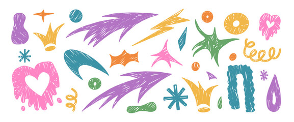 Crayon funky abstract geometric shapes set. Geometry and freeform abstract naive hand drawn doodle figures. Collage stickers with pastel heart, stars, arrows shapes. Vector pen illustration isolated.