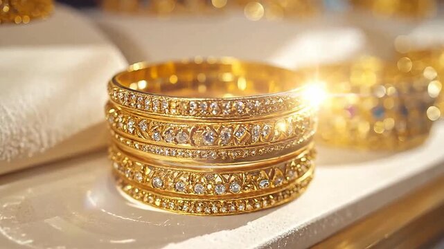Close Up Shot of Golden Bangles Displayed on White Surface in a Jewelry Store