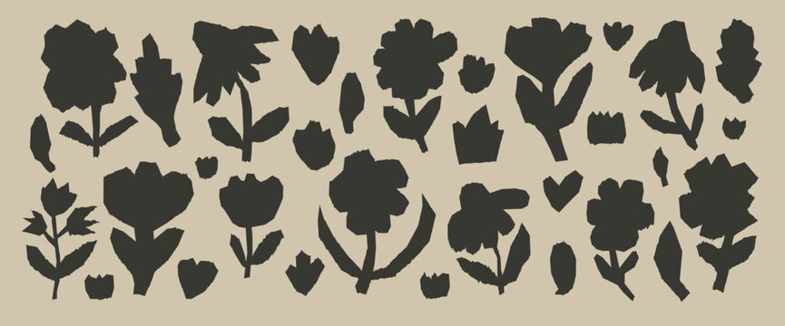 Craft torn paper cutout flowers stickers irregular silhouette. Set of simple figures of naive florals with rough edges. Black mixed media collage wildflowers cut out. Vector scrap book angular element
