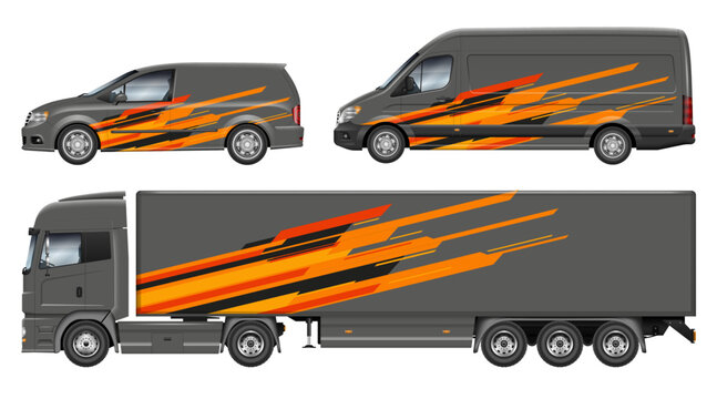 Fototapeta Modern car wrap design template set for van and truck featuring geometric orange and black stripes on grey background. Transport fleet livery side view