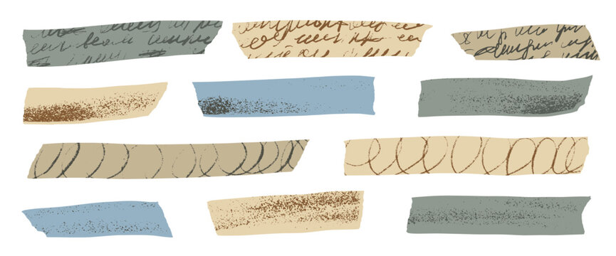 Decorative masking strips collection. Vintage adhesive elements,r etro collage labels, and craft stickers ideal for scrapbooking, journaling, and creative design projects. Vector textured streaks.