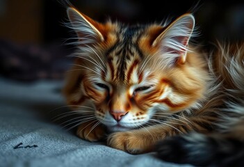 Tired cat with droopy eyes and messy fur recovering from a night out, looking disheveled and weak,  sleepy eyes, cat
