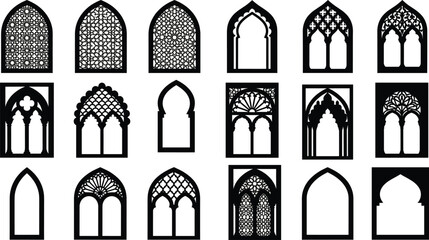 Islamic arch window silhouette set, moroccan arabesque patterns mashrabiya designs, ornamental architecture elements isolated on white background, black vector collection