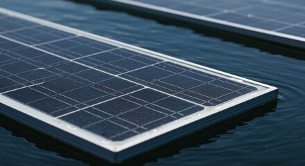 Solar panels are installed on floating platforms on a body of water to generate renewable electricity. Concept of floating solar farm technology (floatovoltaics).