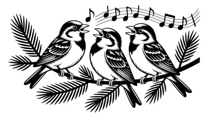 Naklejka premium A black and white illustration of three small birds perched on a pine branch.