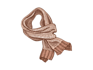 Hand drawn vintage sketch of knitted wool scarf in brown and beige colors, vector winter clothing illustration