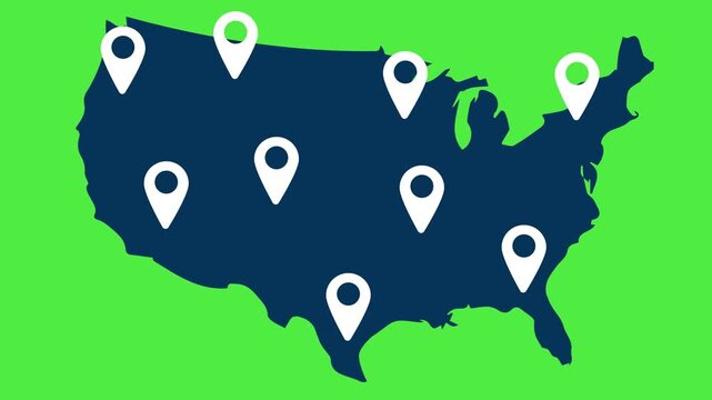 United States map with location sign popping on multiple locations 4k animation with green screen for keying.