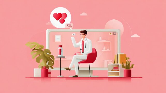 A caring healthcare professional in a modern telemedicine setup, engaging with patients through virtual communication, showcasing the importance of digital health and emotional connection.