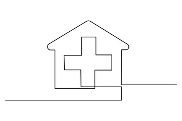 Medical cross inside a house icon in continuous one line drawing style