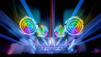 Vibrant futuristic stage design with neon spinning discs, intense rainbow laser beams and euphoric rave lighting, cinematic EDM visuals - Powered by Adobe