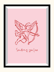 Whimsical Valentine&rsquo;s Day art poster in a frame with hand-drawn ink sketch love doodles and romantic love slogans.