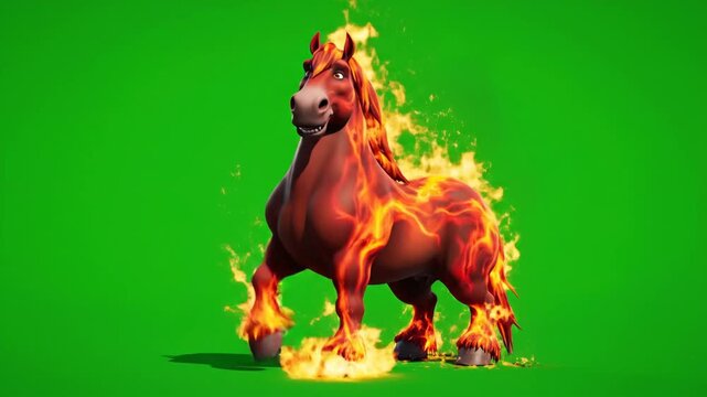 A cartoon horse engulfed in flames stands against a green screen background, conveying a fiery and dynamic scene.