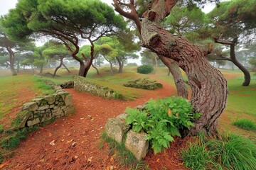 Twisted tree in a pine forest with mossy stone structures