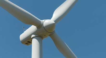 A close-up view of a modern wind turbine's nacelle and rotor hub, the core of its energy generation system. Concept of advanced wind turbine engineering.