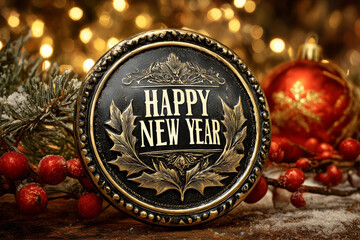 Decorated badge with happy new year wishes on a festive background