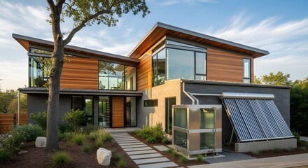 Modern Eco-Friendly Home with Solar Water Heater and Natural Landscaping