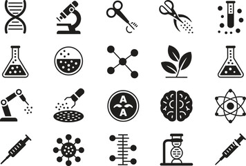 Laboratory Chemistry Icon Silhouette Vector Set, Microscope Test Tube Molecule Symbols Collection Isolated On White Background