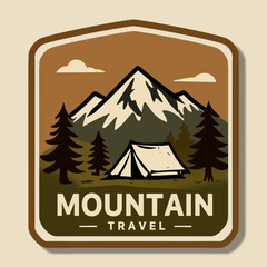 Mountain Travel Camping Vintage Illustration Badge. Flat vintage mountain travel illustration featuring camping tent, pine trees, and mountain scenery. Great for tourism and outdoor themes.