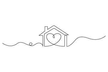 Vector line art of a residential building and heart representing family and love