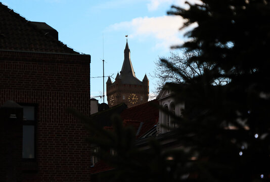 Winter Christmas Scene with Church and Christmas Tree in Kleve, Germany