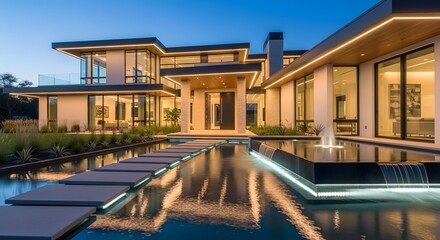 Modern Luxury Home Exterior at Dusk with Water Feature and Architectural Lighting