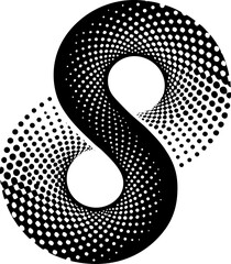 Spiral as halftone dotted abstract infinity symbol. Black shape S letter on a white background and the same white shape on the black side. stock illustration illustration black and white 