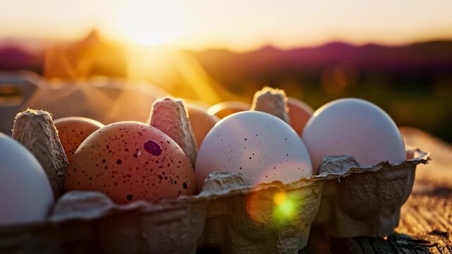 The carton holds various eggs, showcasing different colors and speckles under the warm glow of the sunset. The vibrant sunset creates a beautiful backdrop for the eggs in the carton.