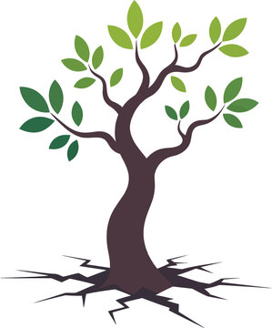 Tree with green leaves growing from cracked earth