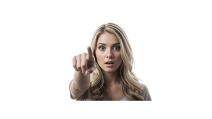 Blonde woman pointing with surprised expression