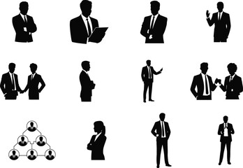 Business People Icon Silhouette Vector Set, Corporate Manager Team Communication Symbols Collection Isolated On White Background