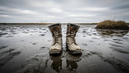 Boots Standing in Muddy Water Under Overcast Sky.