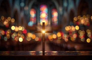 Cross church bokeh light glow worship faith religion symbol altar glowing cross light church