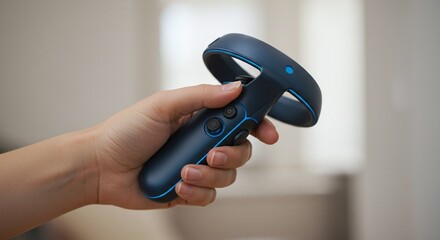 Person holding a modern VR (virtual reality) controller, ready to interact with an immersive digital environment.Concept of virtual reality and home entertainment.