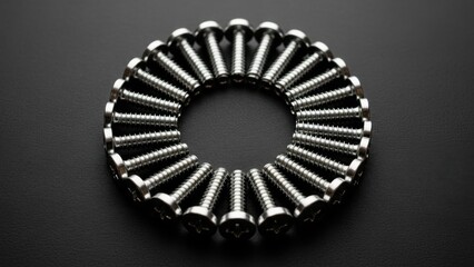 Circular arrangement of shiny metal bolts on a dark background.