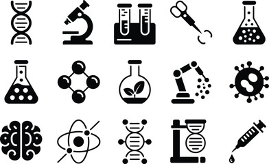 Science Chemistry Laboratory Icon Silhouette Vector Set, Molecule Test Tube Microscope Symbols Collection Isolated On White Background