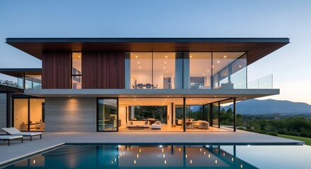 Modern Luxury Home with Infinity Pool and Scenic Mountain View at Dusk