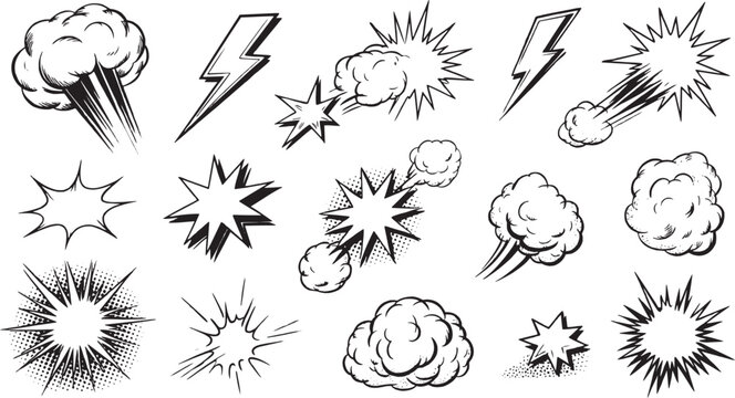 Comic blast and lightning doodle icon set. Thunder, shock and power effects. Hand drawn vector illustration.