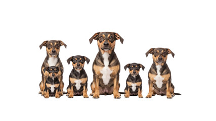 Group of brown and black dogs sitting