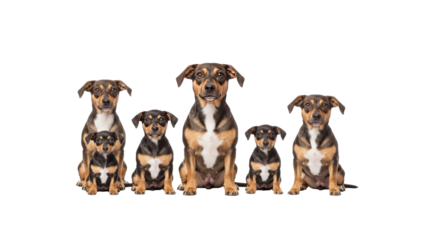 Group of brown and black dogs sitting