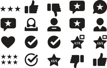 Obraz premium Rating Review Feedback Icon Silhouette Vector Set, Star Like User Opinion Symbols Collection Isolated On White Background