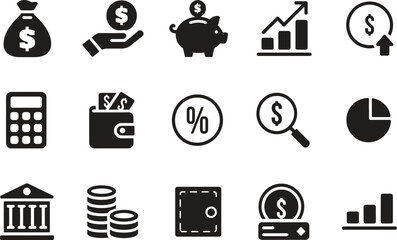 Finance Banking Money Icon Silhouette Vector Set, Dollar Chart Wallet Calculator Symbols Collection Isolated On White Background