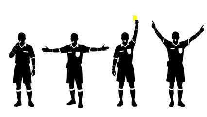 Black Football Referee Silhouette Vector Showing Start Whistle Foul Signal Yellow Card and Goal Hand Gestures
