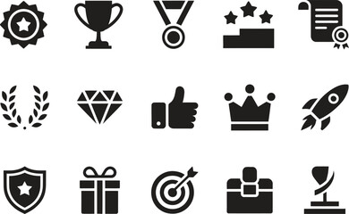 Achievement Award Success Icon Silhouette Vector Set, Trophy Medal Rating Diamond Symbols Collection Isolated On White Background