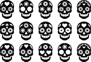 Sugar Skull Icon Silhouette Vector Set, Day Of The Dead Floral Skull Symbols Collection Isolated On White Background