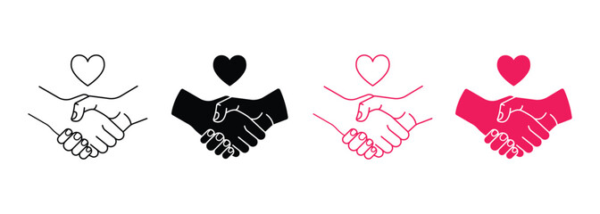 Handshake heart icon set. Valentine concept handshake heart vector signs. Partnership, friendship, love symbols. Vector illustration.